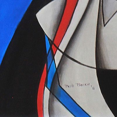 Alternate image for Ganesha Abstract Hinduism Deity Signed Fine Art Painting Ganesha in Blue and Silver