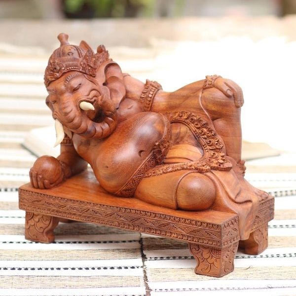 Alternate image for Suar and Crocodile Wood Ganesha Sculpture Reclining Ganesha