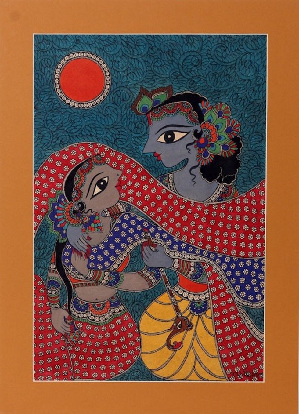 Krishna  Radha Madhubani Painting on Paper from India 'Radha and Krishna In Love'