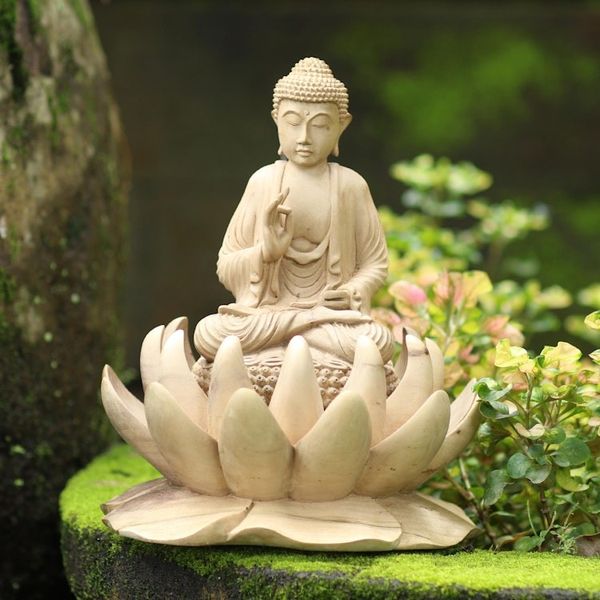 Alternate image for Hand Carved Hibiscus Wood Buddha Sculpture Lord Buddha and Lotus