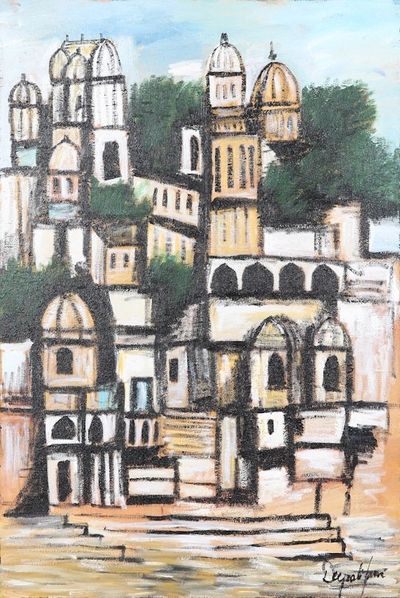 Alternate image for Signed Unstretched Expressionist Acrylic Cityscape Painting Udaipur II