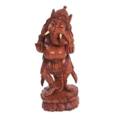 Alternate image for Wood Sculpture of Ganesha on a Lotus Flower from Bali Wonderful Ganesha