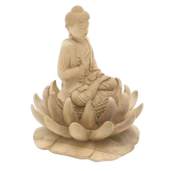 Alternate image for Hand Carved Hibiscus Wood Buddha Sculpture Lord Buddha and Lotus