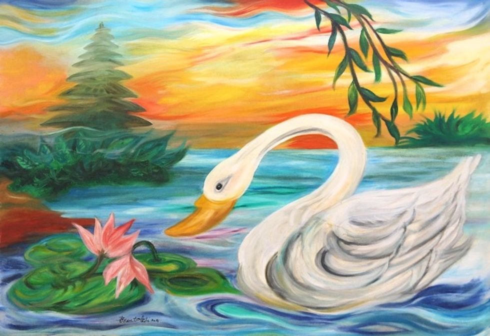 Oil on Canvas Swan Painting 'Sarasvati Lake'