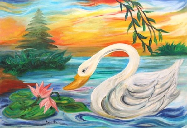 Alternate image for Oil on Canvas Swan Painting Sarasvati Lake