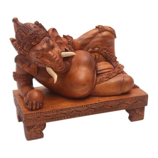 Alternate image for Suar and Crocodile Wood Ganesha Sculpture Reclining Ganesha