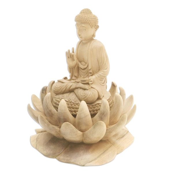 Alternate image for Hand Carved Hibiscus Wood Buddha Sculpture Lord Buddha and Lotus
