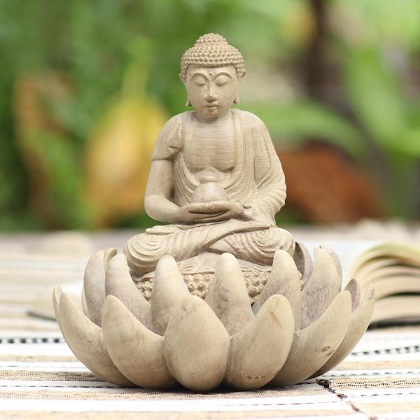 Alternate image for Hibiscus Wood Buddha and Lotus Flower Sculpture Dhyan Mudra Buddha