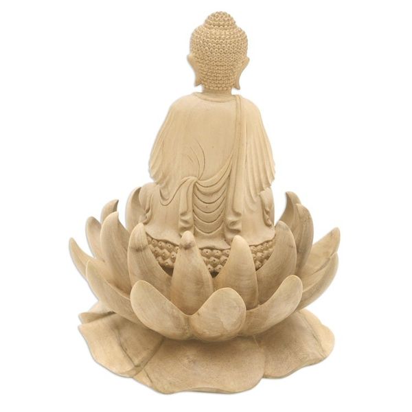 Alternate image for Hand Carved Hibiscus Wood Buddha Sculpture Lord Buddha and Lotus
