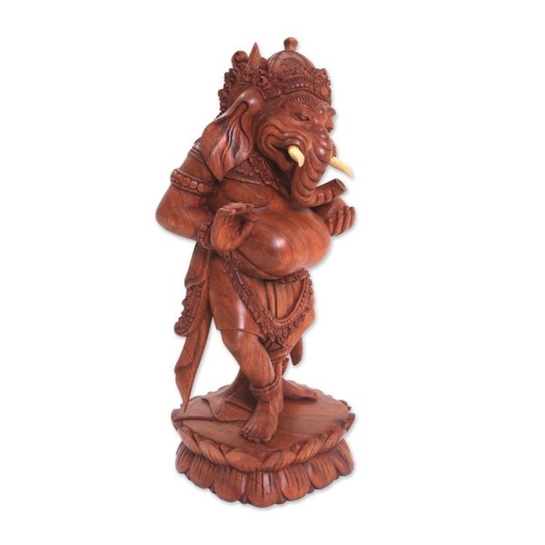 Alternate image for Wood Sculpture of Ganesha on a Lotus Flower from Bali Wonderful Ganesha