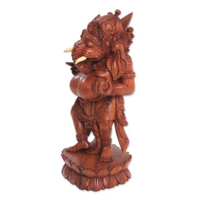 Alternate image for Wood Sculpture of Ganesha on a Lotus Flower from Bali Wonderful Ganesha