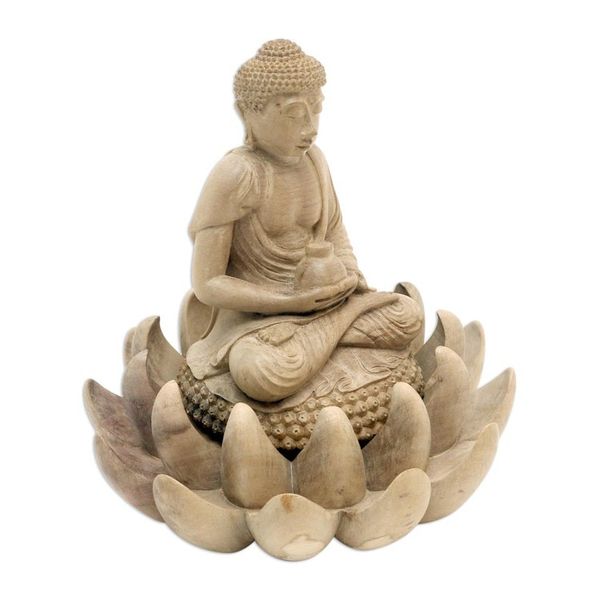 Alternate image for Hibiscus Wood Buddha and Lotus Flower Sculpture Dhyan Mudra Buddha