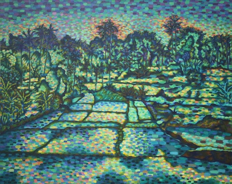 Bali Rice Field Landscape Painting in Greens and Blues 'View of Singakerta'