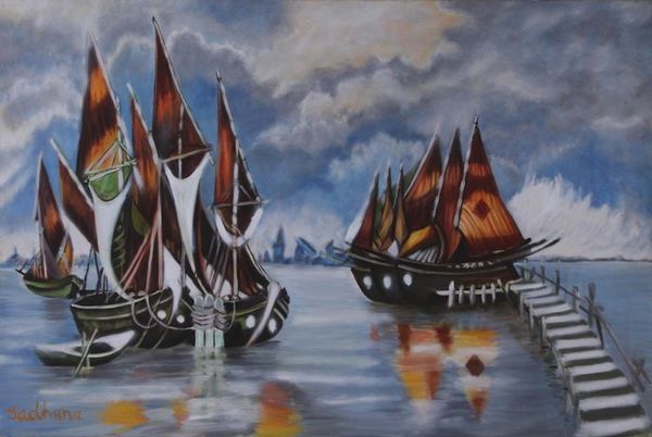 Image for Ships in Water Oil on Canvas Painting from India Blissful Voyage