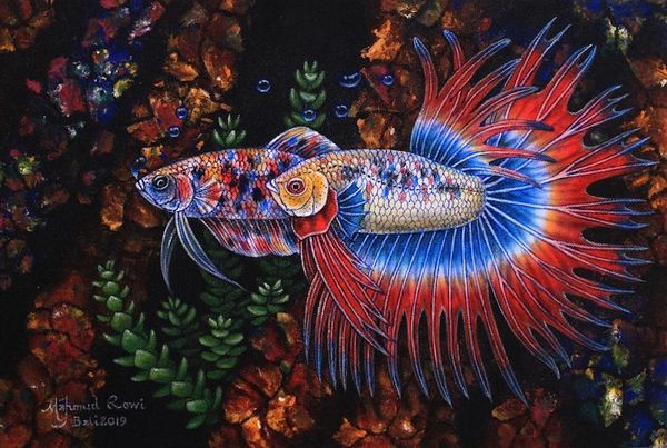 Alternate image for Signed Betta Fish Couple Painting from India A Couple Teen Betta Fish