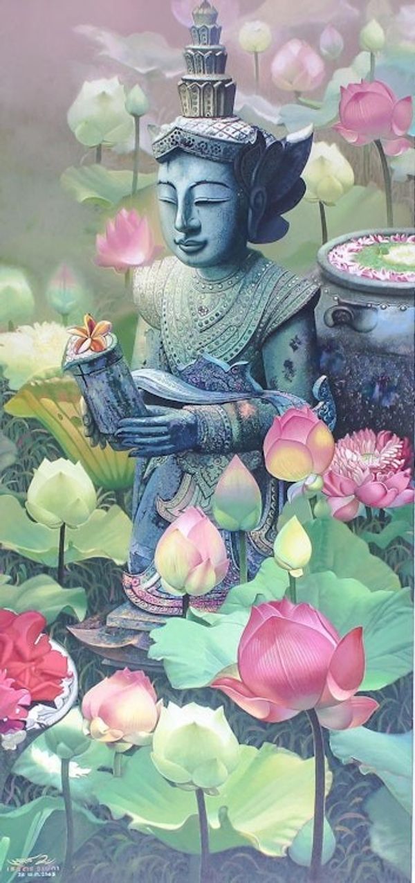 Alternate image for Original Signed Acrylic Painting of Thai Garden Lanna Woman