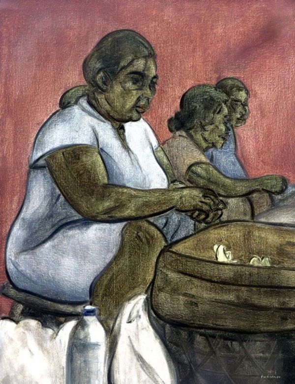 Alternate image for Oil on Canvas Painting of a Javanese Hindu Woman Arranging