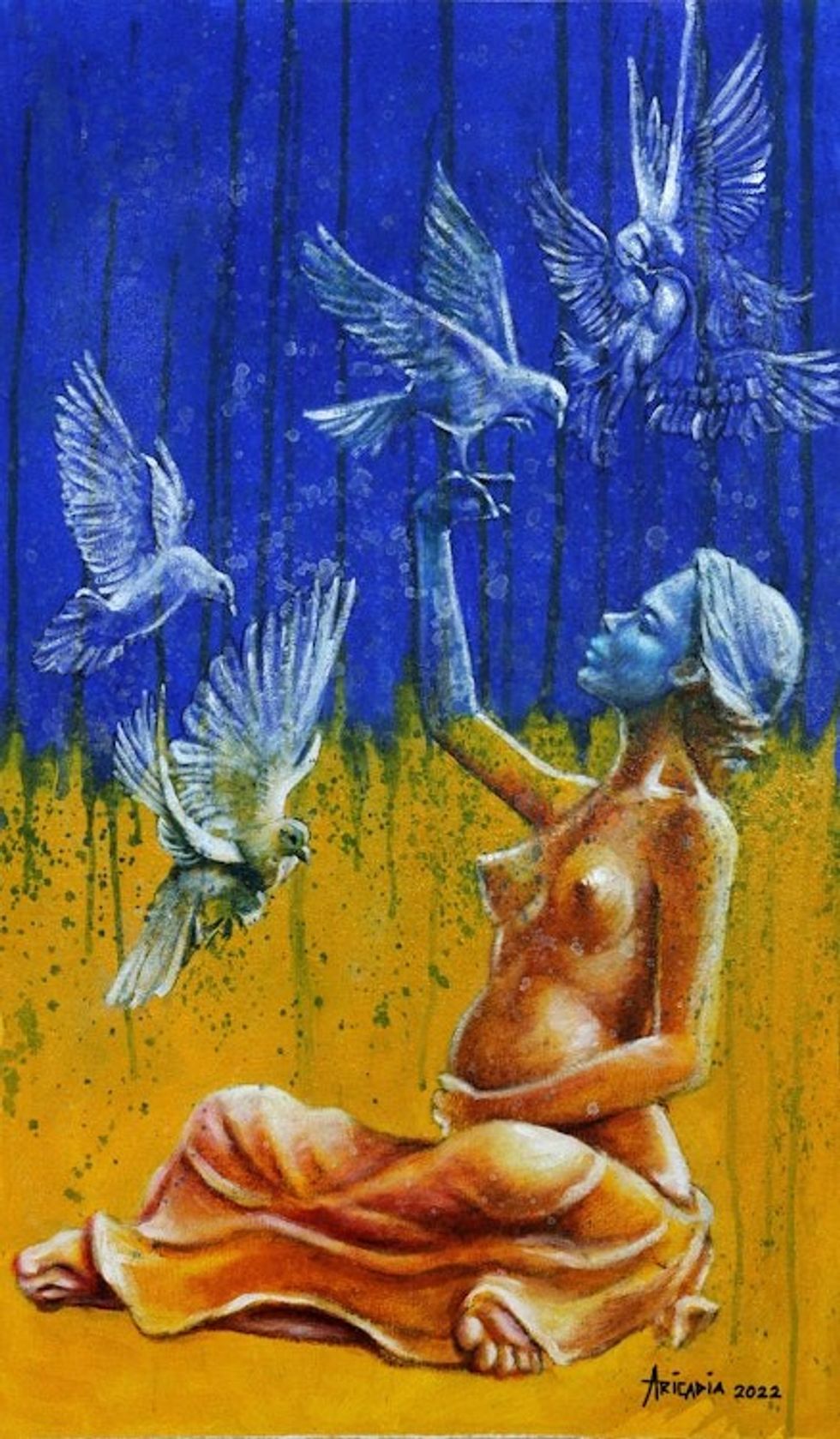 Expressionist Peace Painting of Pregnant Woman with Doves 'Peace For All Nations'