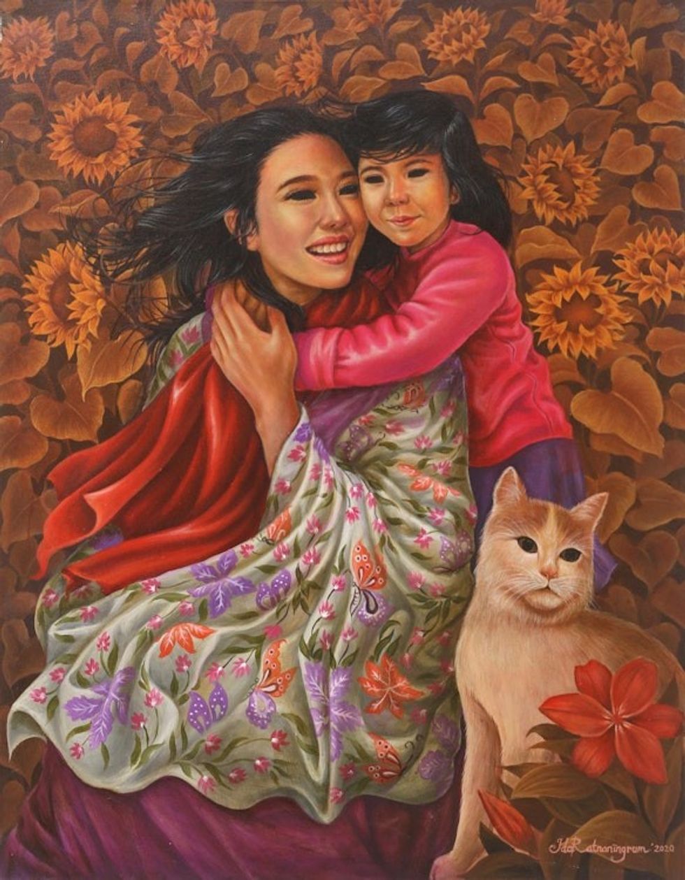 Acrylic Family Painting on Canvas 2021 'Playing with the Cat'