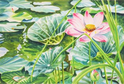 Alternate image for Floral Impressionist Watercolor Painting of Pink Lotus Spring Lotus