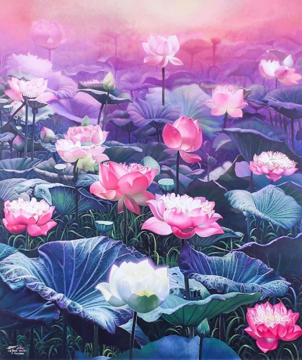 Signed Realist Painting of Lotus Flowers 2019 'Lotus Sunset'