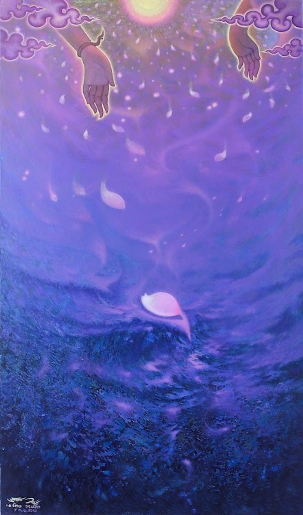 Hands in the Sky Signed Surrealist Painting from Thailand 'Blessed Sky'