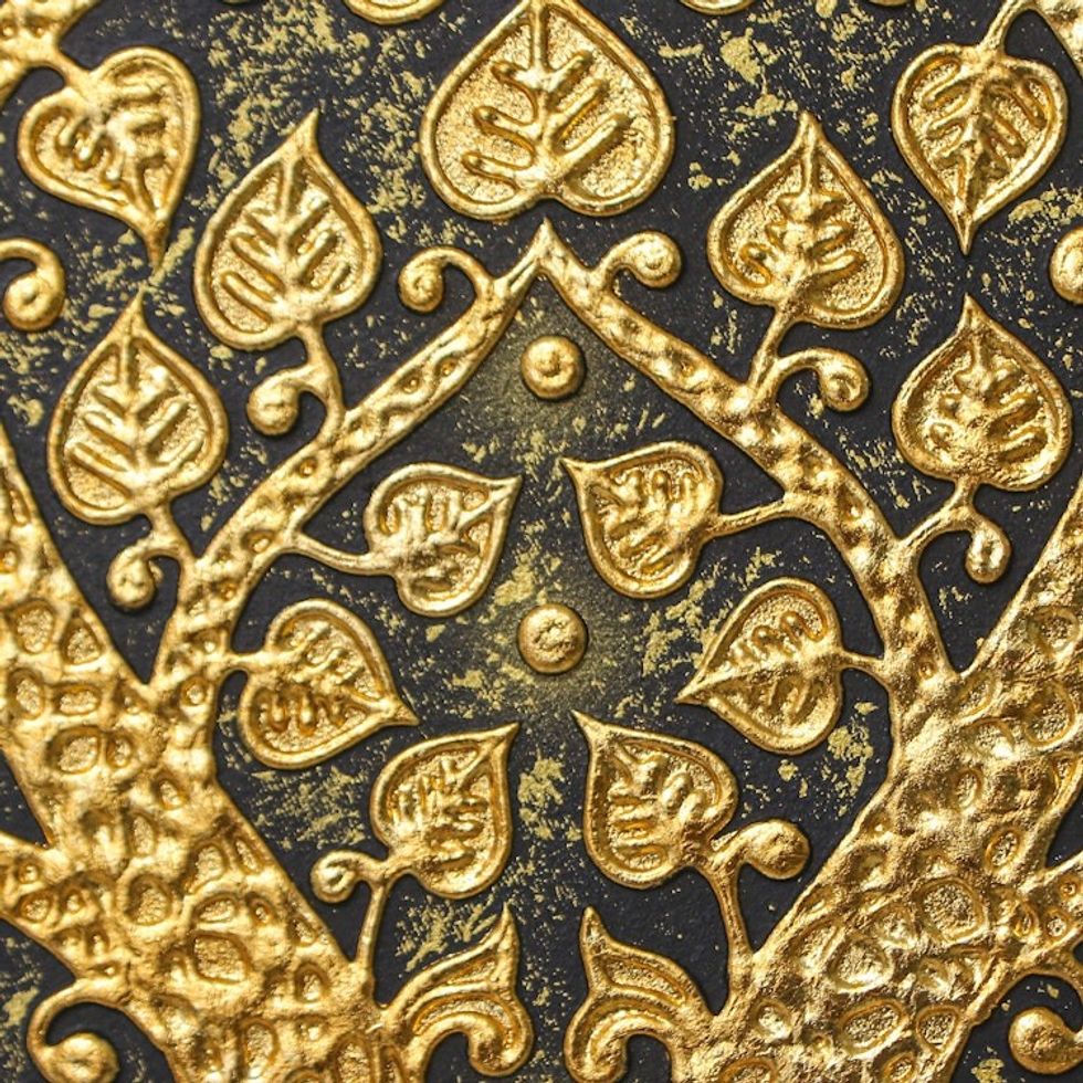 Thai Folk Art Acrylic and Foil Depiction of Bodhi Tree 'Bodhi Leaf'