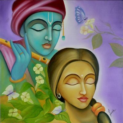 Alternate image for Hindu Love Deities Signed Hinduism Painting Radha Krishna I