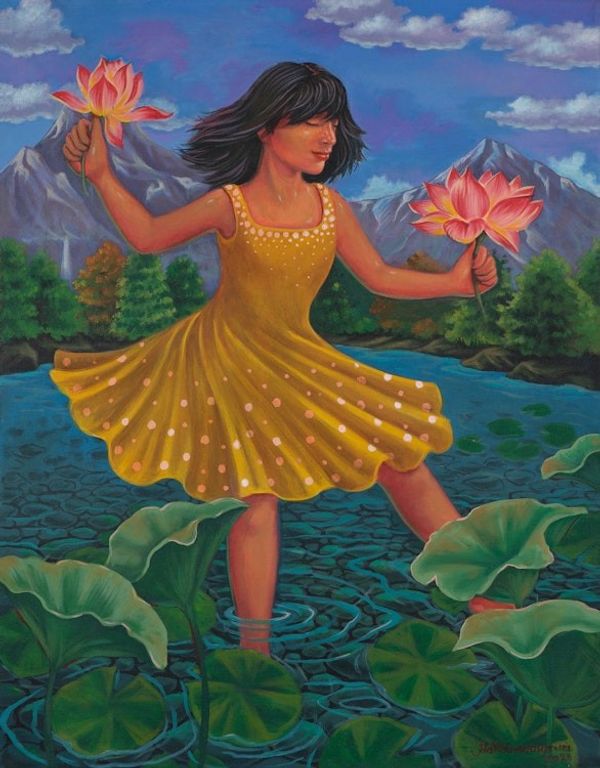 Alternate image for Unstretched Signed Nature-Themed Acrylic Painting of a Child Play with Nature