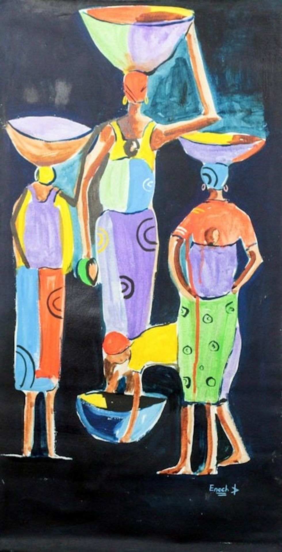 Signed Expressionist Painting of Women from Ghana 'Darkness'