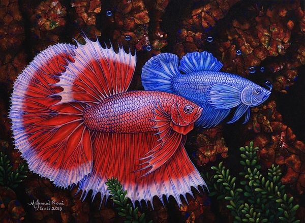 Alternate image for Signed Painting of Red and Blue Betta Fish from Bali A Couple of Mature Betta Fish