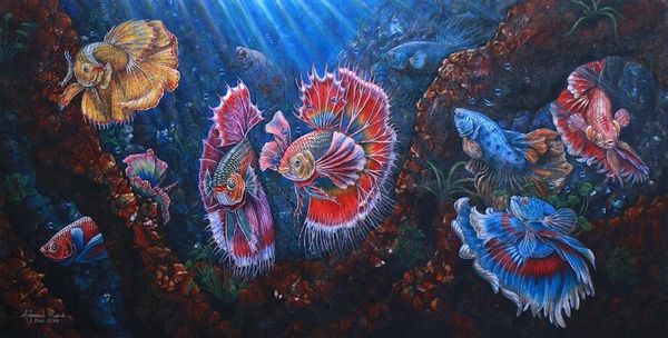 Alternate image for Signed Painting of Betta Fish from Bali 2019 9 Betta Fish