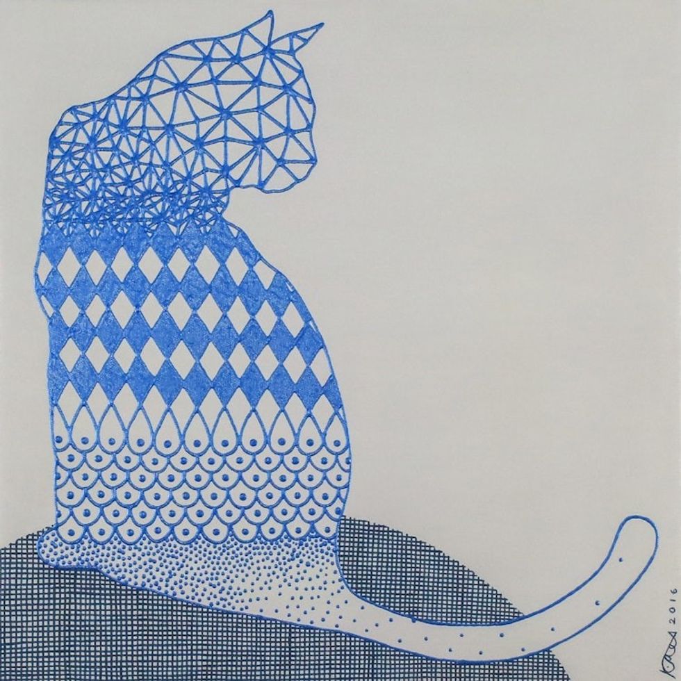 Signed Op Art Painting of a Cat in Blue from Thailand 'Turn Around'