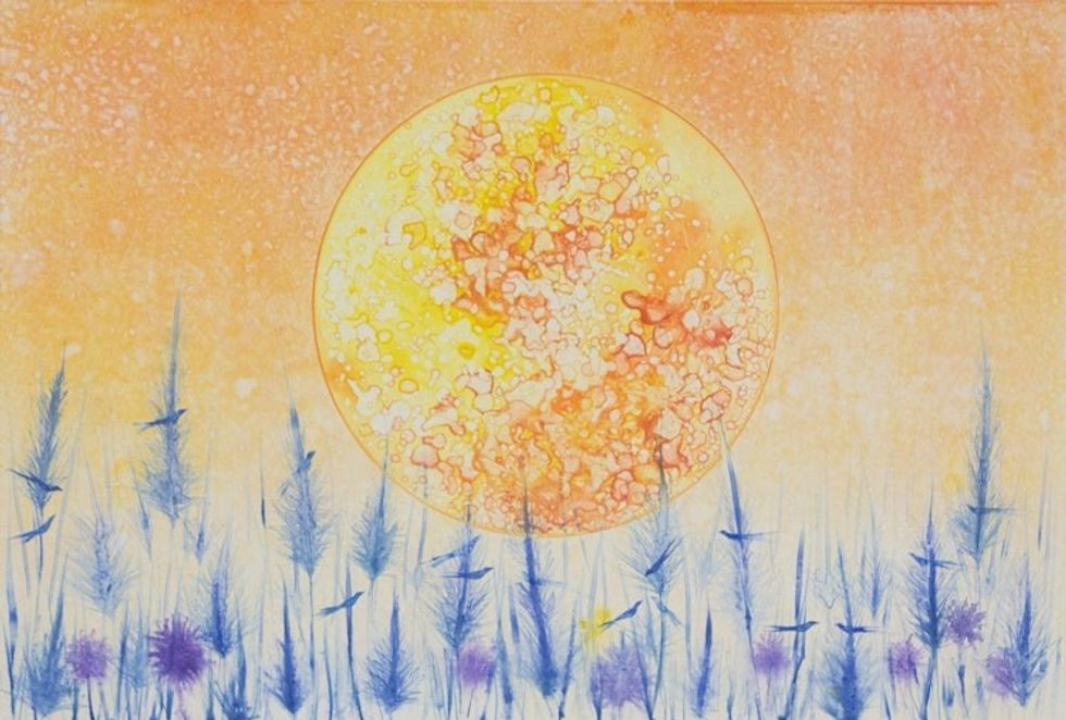 Watercolor Monoprint of Blood Moon and Blue Grass 'My Home II'