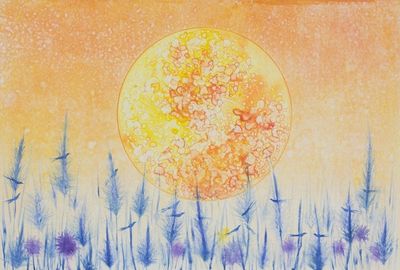 Alternate image for Watercolor Monoprint of Blood Moon and Blue Grass My Home II