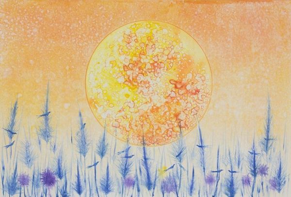 Image for Watercolor Monoprint of Blood Moon and Blue Grass My Home II