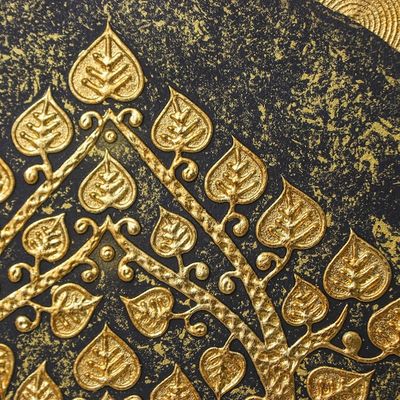 Alternate image for Thai Folk Art Acrylic and Foil Depiction of Bodhi Tree Bodhi Leaf