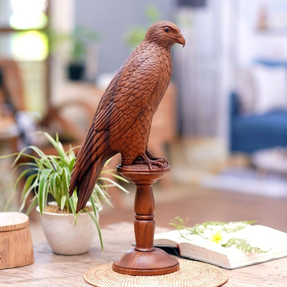 Hand-Carved Suar Wood Falcon Sculpture from Bali 'Calm Falcon'