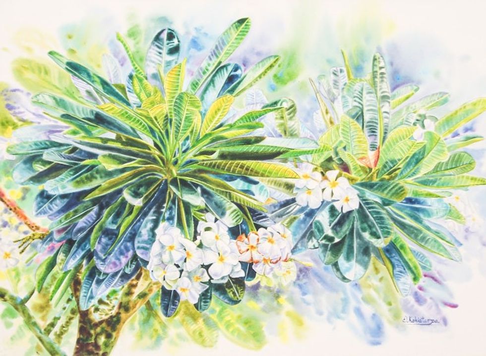 Watercolor Impressionist Painting of Frangipani Trees 'Frangipani Season I'