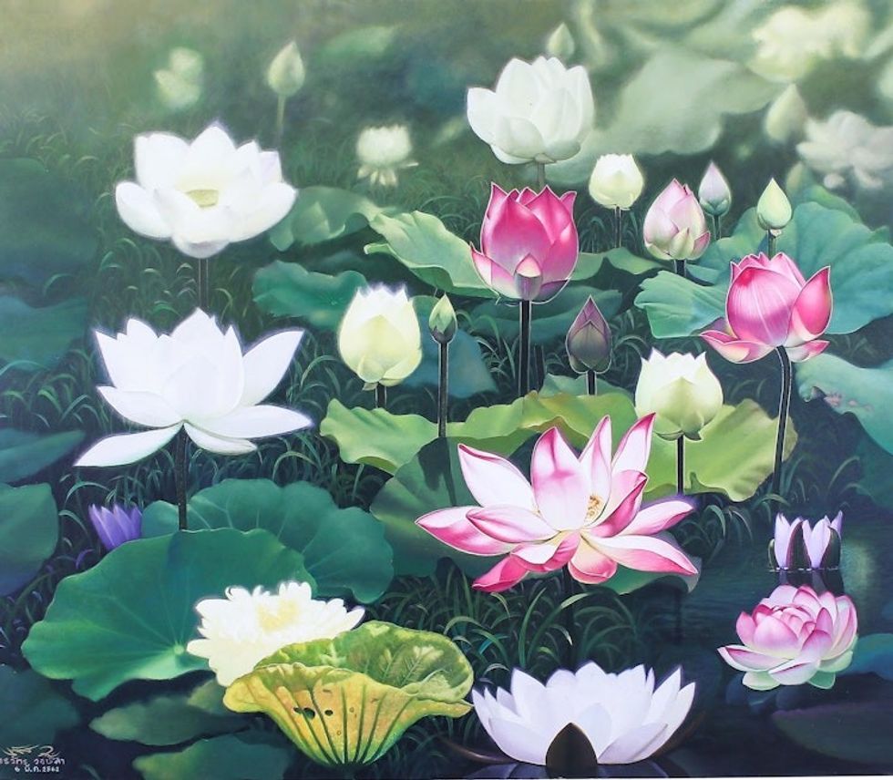 Realist Painting of Pink and White Lotus Flowers 2019 'Lotus at Dawn'