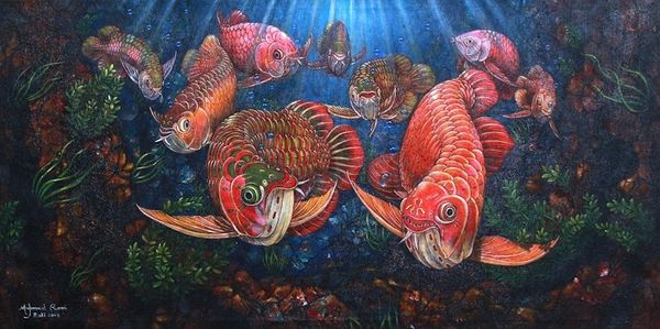 Alternate image for Signed Arowana-Themed Painting by a Balinese Artist 2019 9 Arowana I