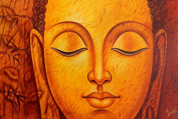Image for Painting of Buddha in Orange Palette by Indian Artist Divine Light