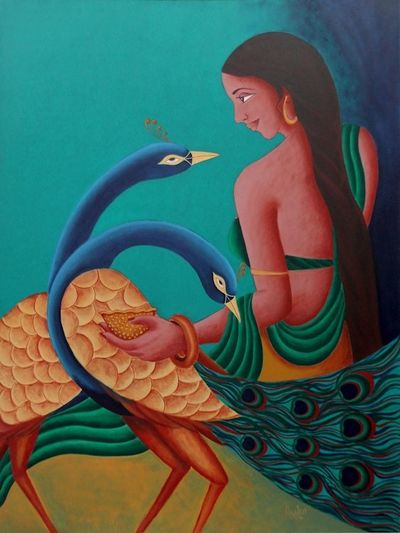 Alternate image for Signed Acrylic Painting of Woman with Peacocks Parineeta