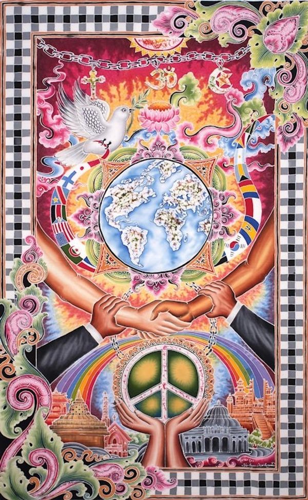 Alternate image for Batik Expressionist Painting with Vibrant Multicolor Palette Peace in the World