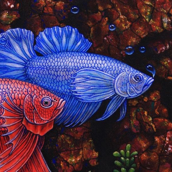 Alternate image for Signed Painting of Red and Blue Betta Fish from Bali A Couple of Mature Betta Fish