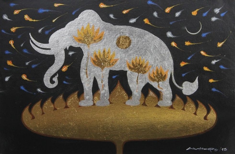 Silver Elephant on Golden Lotus Thai Signed Painting 'Faith of Lanna III'