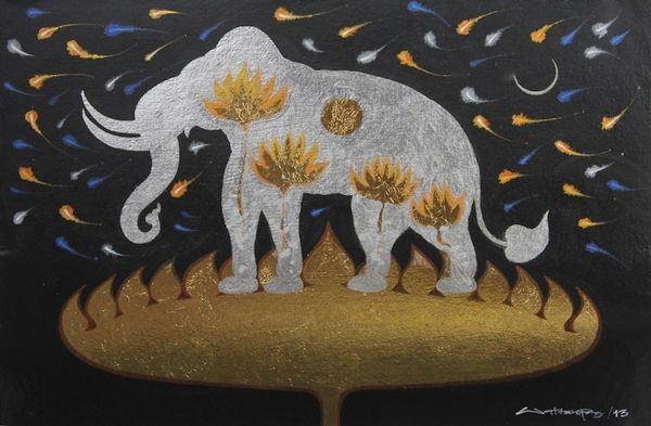 Image for Silver Elephant on Golden Lotus Thai Signed Painting Faith of Lanna III