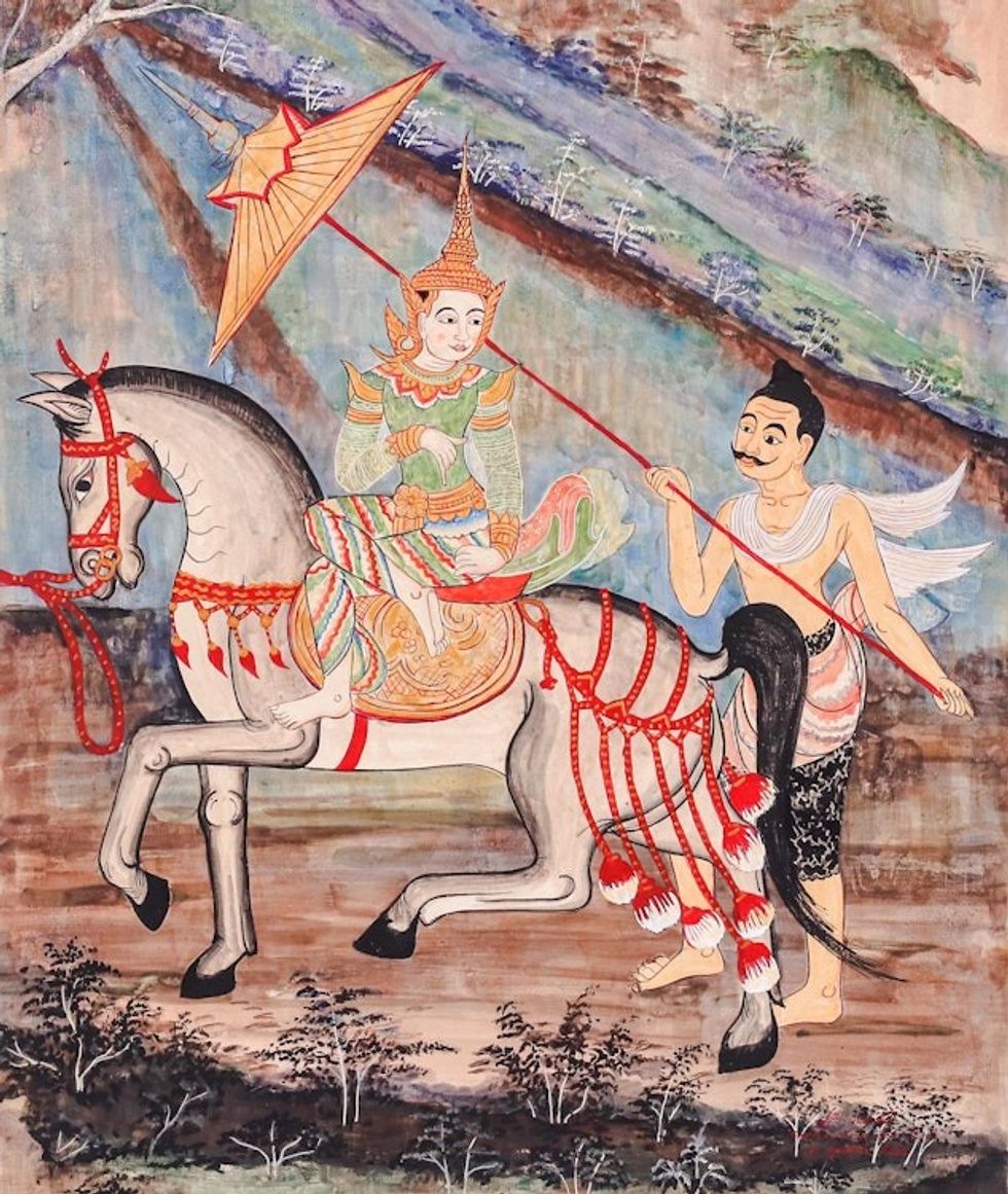 Thai Mixed Media Painting in the Style of Phra Sing Temple 'Prince in the Forest'