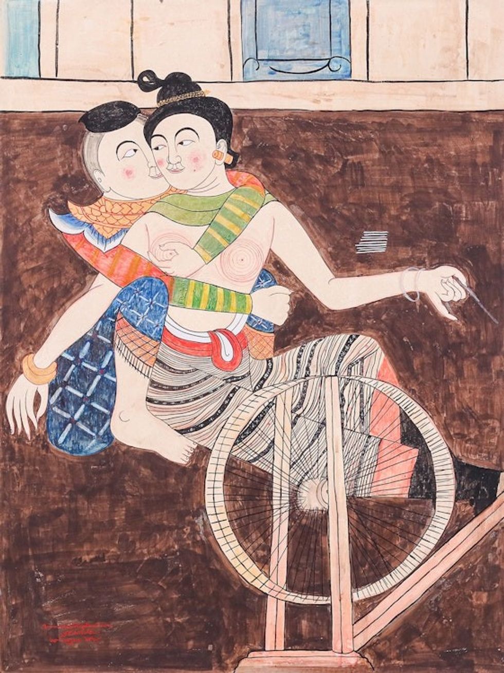 Painting of a Couple in Ancient Thai Temple Style 'Love Spin'