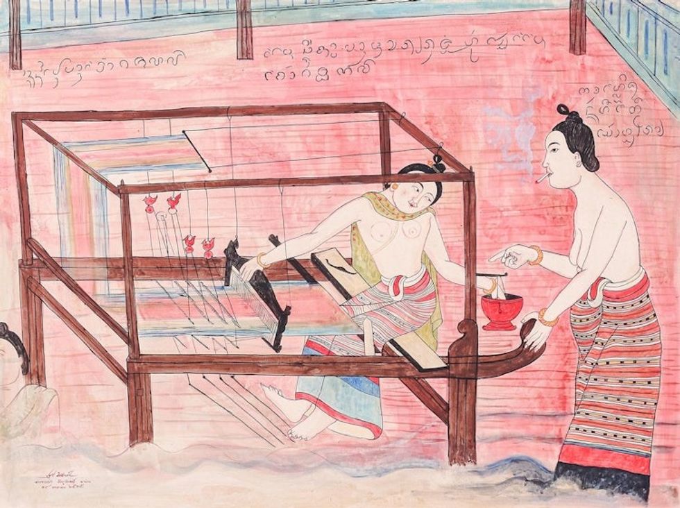 Painting of a Weaver and Teacher in Thai Temple Style 'The Weaving'